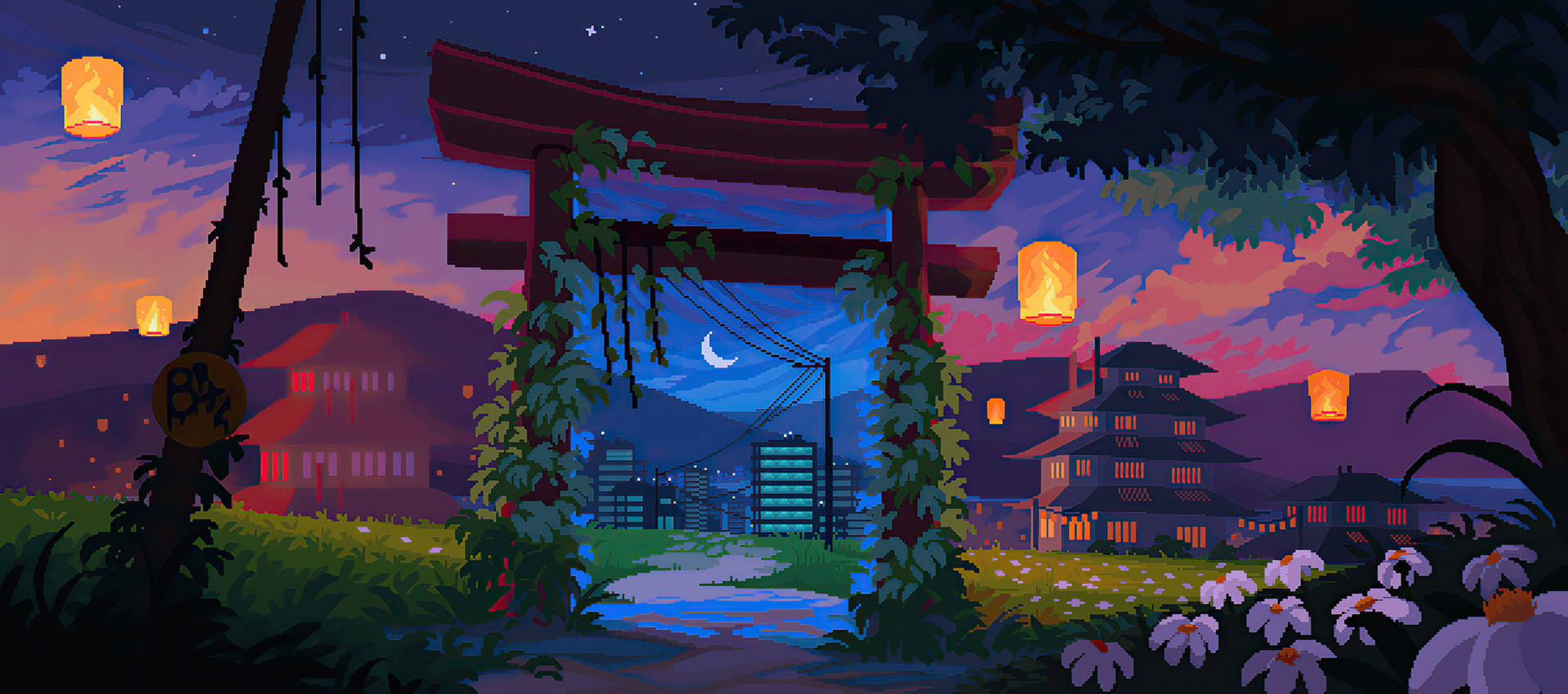 日式神社工業城像素藝術 壁紙 — 像素藝術風格的神社大門，在暮色中，發光的燈籠勾勒出一條通往星空下城市景觀的小路。