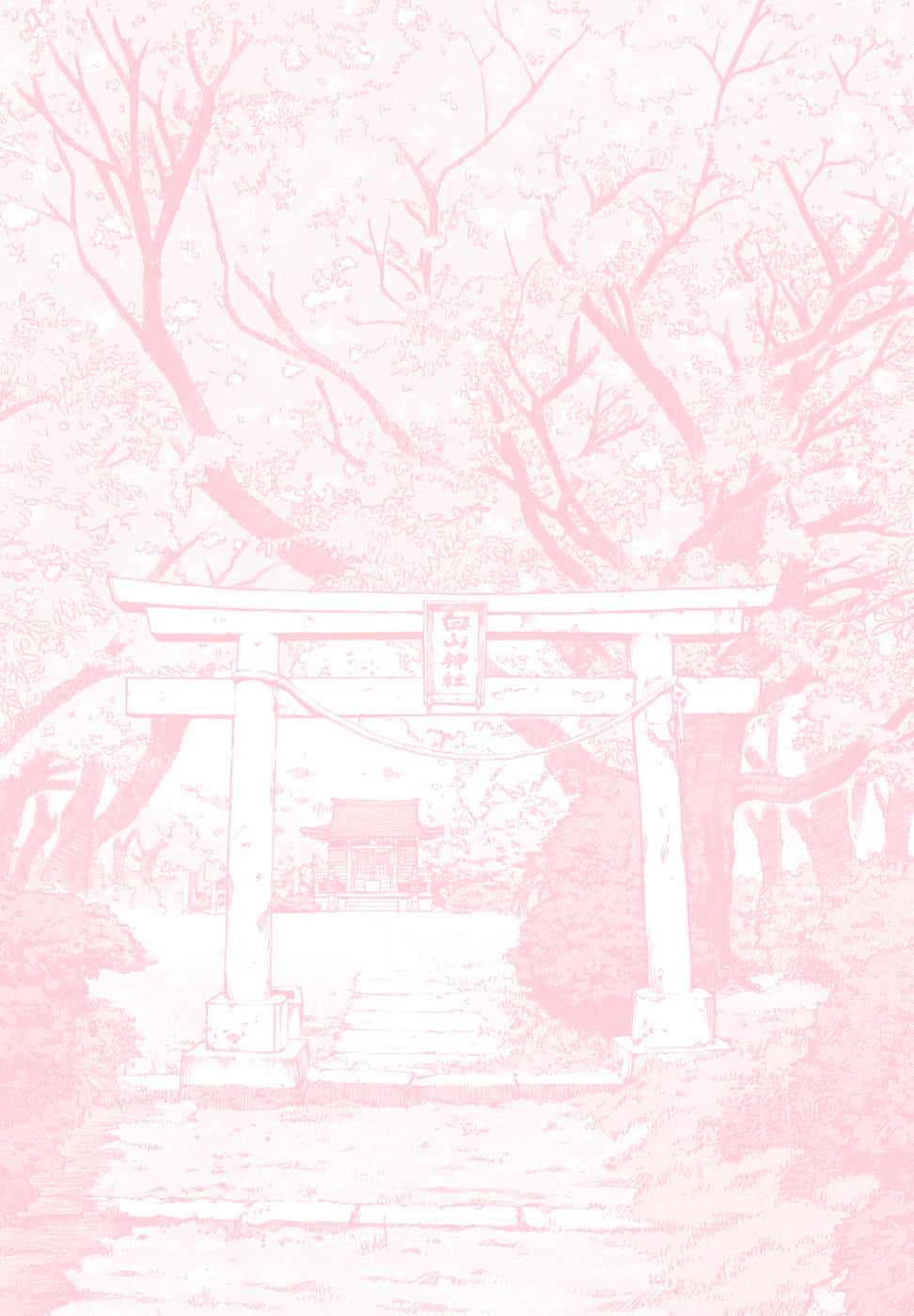 日式神社風粉彩漫畫壁紙 壁紙 — 一幅寧靜的粉紅色調插圖，描繪了傳統日本鳥居，周圍環繞著盛開的櫻花樹。