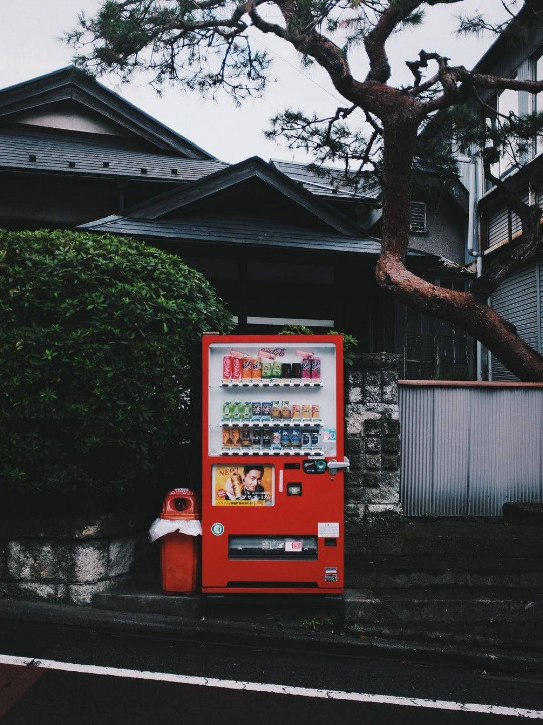 灰色天空下，樹木和建築物附近行人路上的紅色自動售賣機