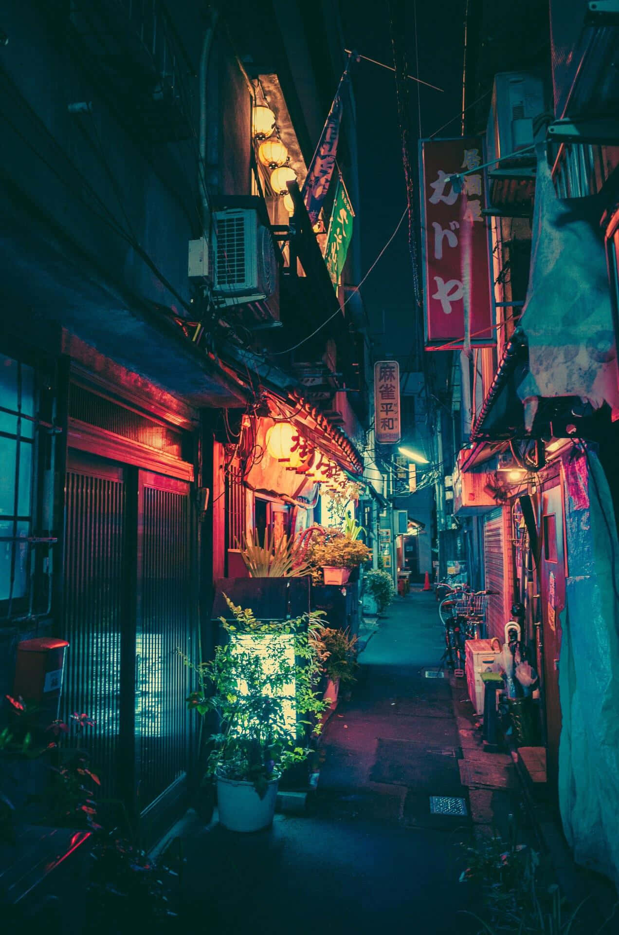 日式藍光巷弄背景 壁紙 — 日本夜晚一條狹窄的霓虹燈小巷，發光的招牌和盆栽植物在潮濕的路面上投射出色彩繽紛的倒影。