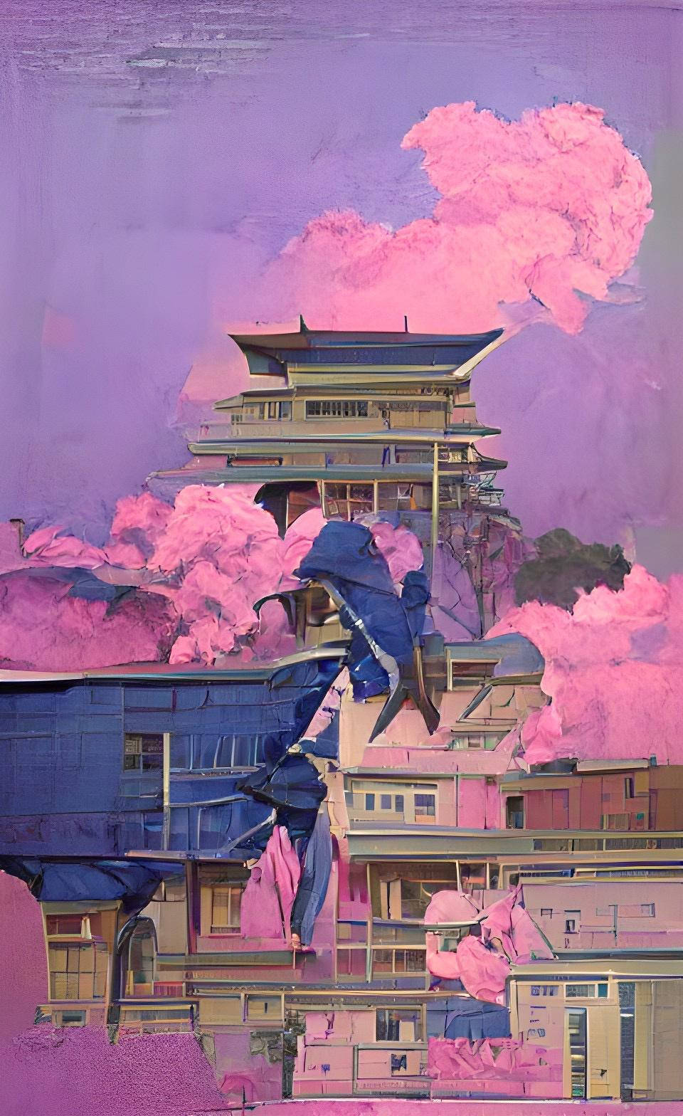 日式藝術配雙性戀色彩 壁紙 — 一幅超現實數碼藝術作品，描繪一座多層寶塔從充滿活力的粉紅雲層中浮現，周圍是碎片建築的拼貼，背景是紫色天空。