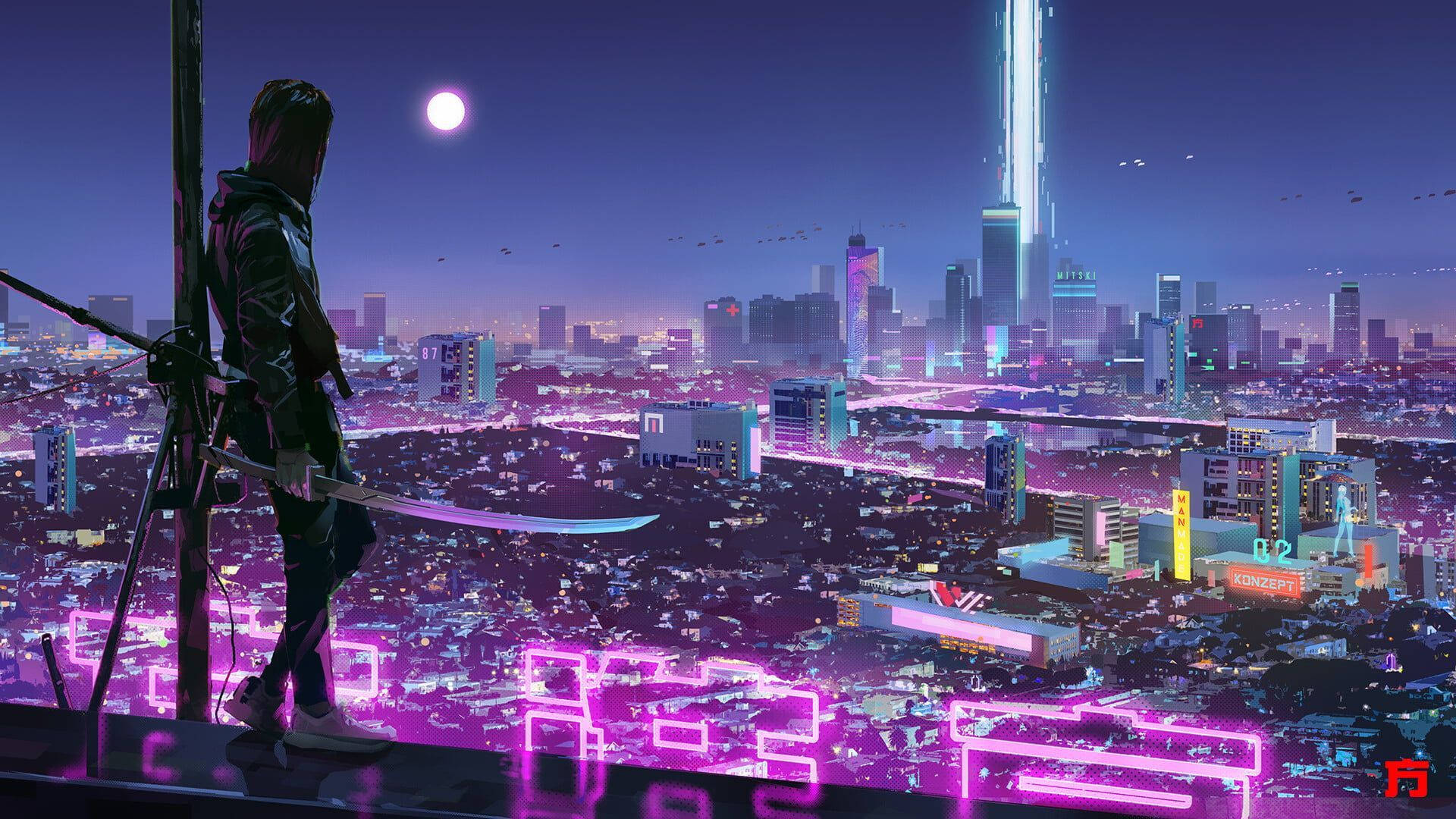 持劍的人俯瞰夜晚發光的未來城市