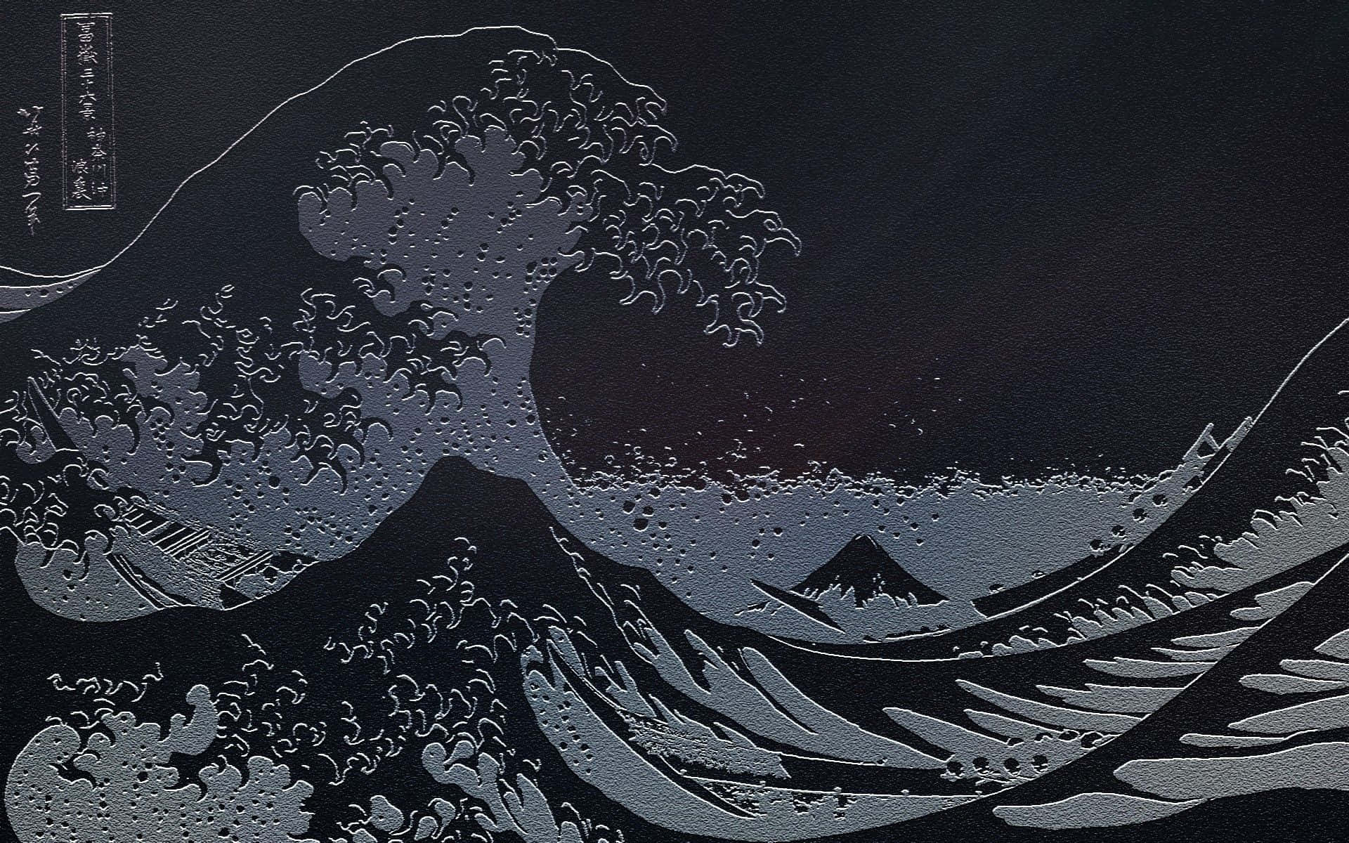 深色皮革上觸感壓印的富士山巨浪。