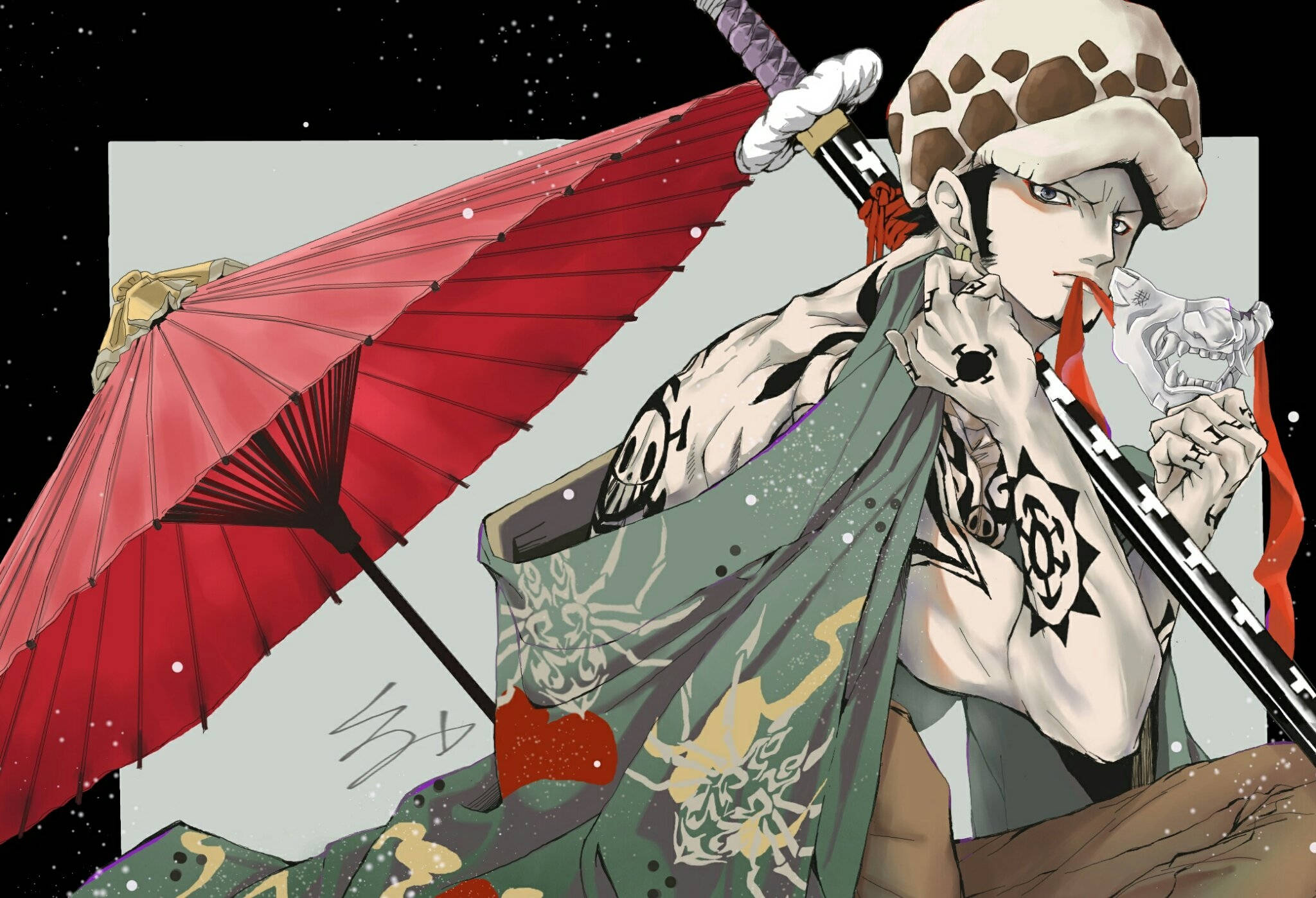日式風格特拉法爾加·羅《海賊王》繪畫 壁紙 — 帶有骷髏紋身的動漫角色在星空背景下手持紅色雨傘和劍。