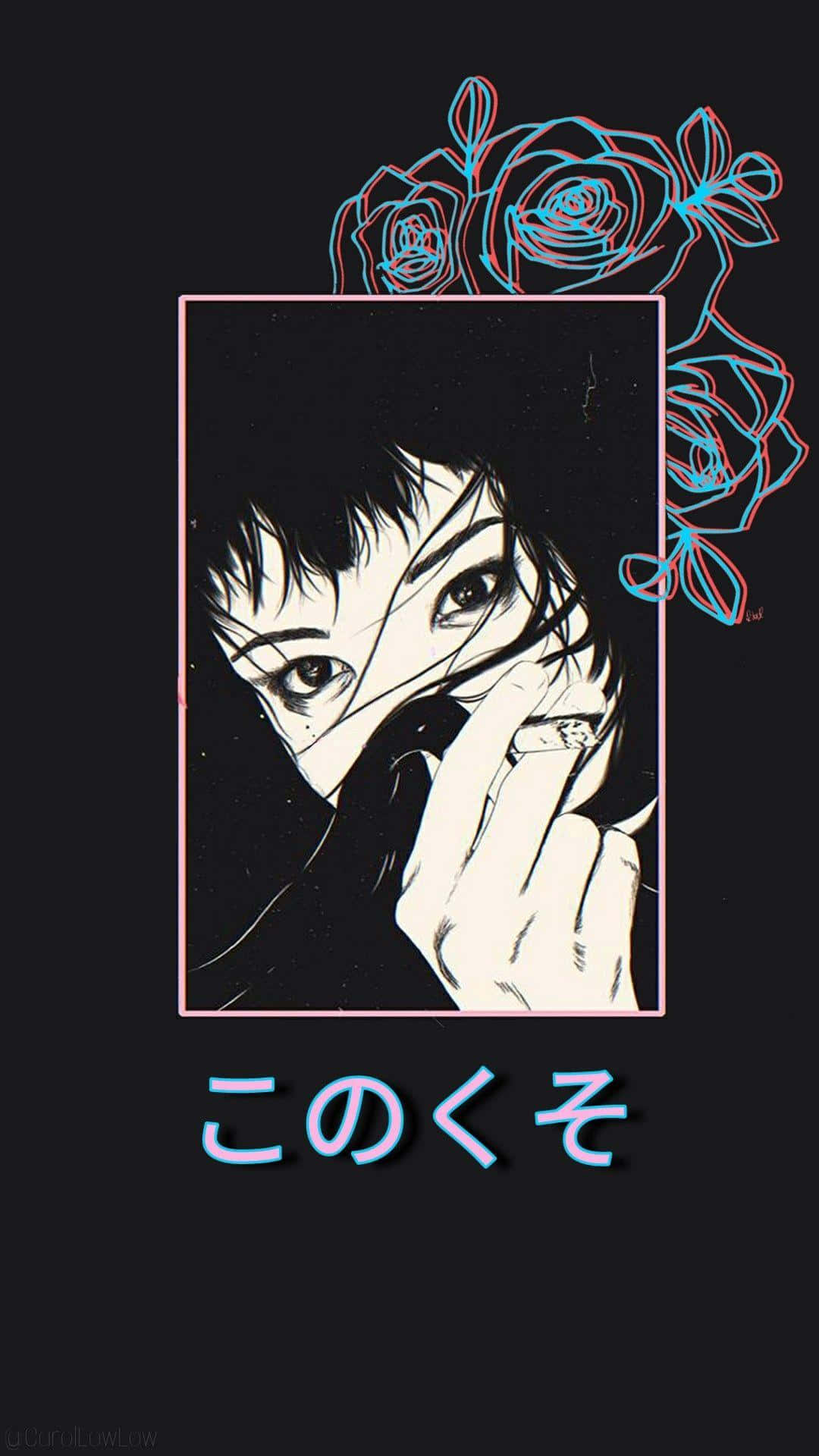 動畫角色肖像，帶有發光的玫瑰和日文字，背景為深色。