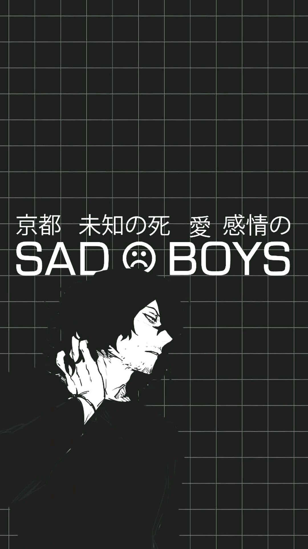 動漫男孩悲傷表情，手放在頭上，網格背景帶文字。