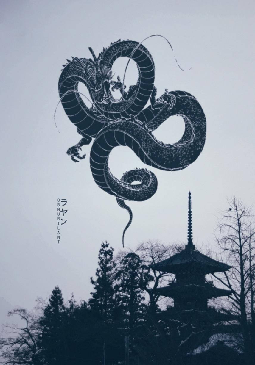 日式龍 灰階藝術 壁紙 — 一條巨大的黑龍盤旋在傳統日本寶塔之上，襯著蒼白的天空。