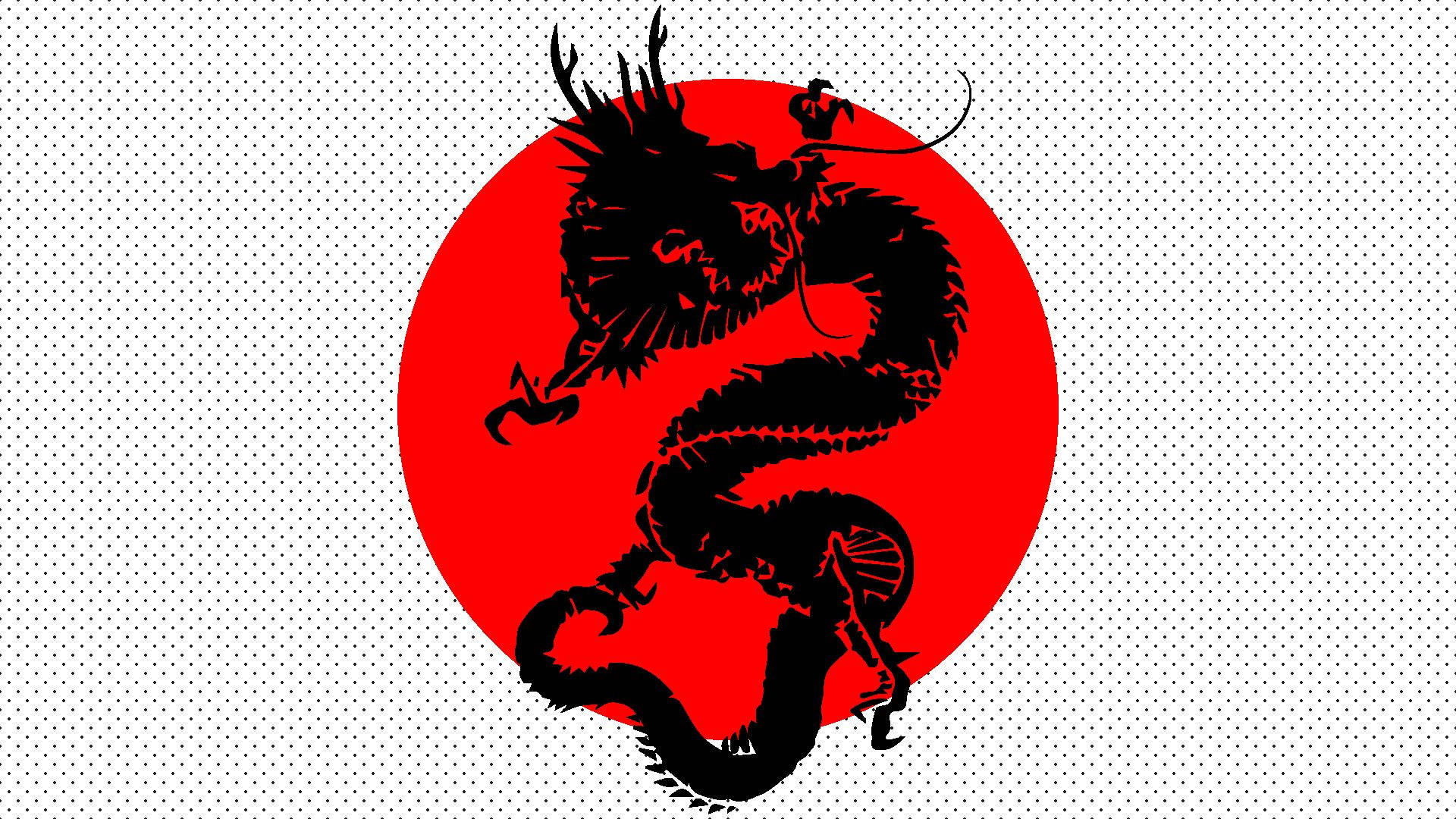 日式龍與日本國旗 壁紙 — 一個大膽的黑色龍剪影在點狀白色背景上，對著鮮豔的紅色圓形背景動態盤繞。