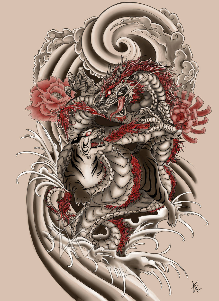 日式龍與老虎 壁紙 — 一隻兇猛的紅灰色龍在旋轉的波浪和盛開的紅花中與老虎搏鬥，呈現動態的紋身風格插圖。