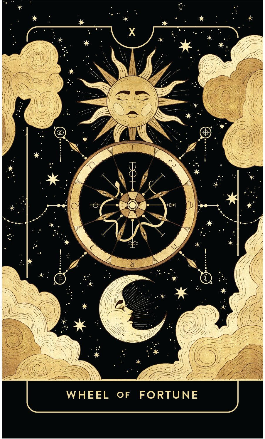 日月塔羅牌 壁紙 — 金色天體符號，包括太陽、月亮和命運之輪，在繁星點點的黑色天空中，漂浮於旋轉的雲層之間。