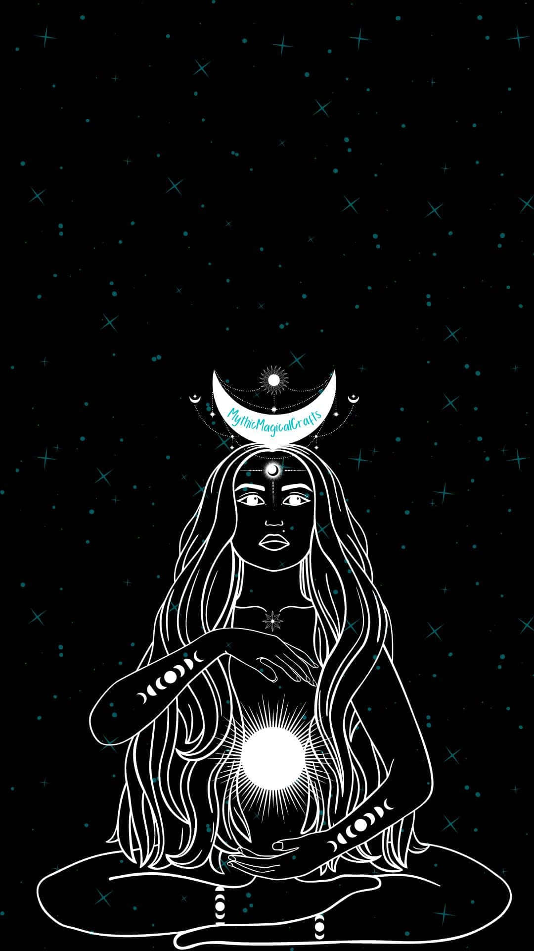 日月星空背景 壁紙 — 一位白色線條藝術的女性在新月和星星下冥想，手上和額頭上有發光的球體。