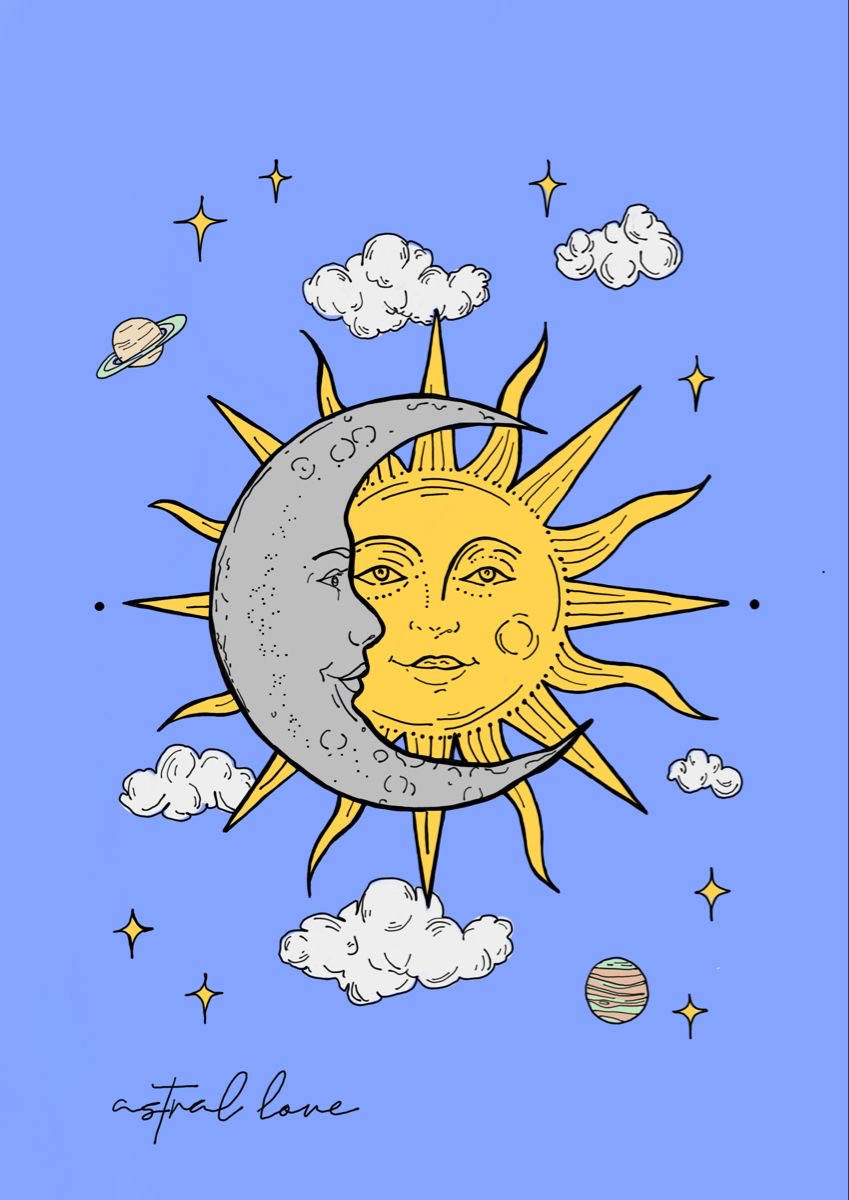 日月星雲美學藝術 壁紙 — 一幅異想天開的插圖，描繪微笑的太陽和月亮在藍天白雲、星星和行星的背景下擁抱。