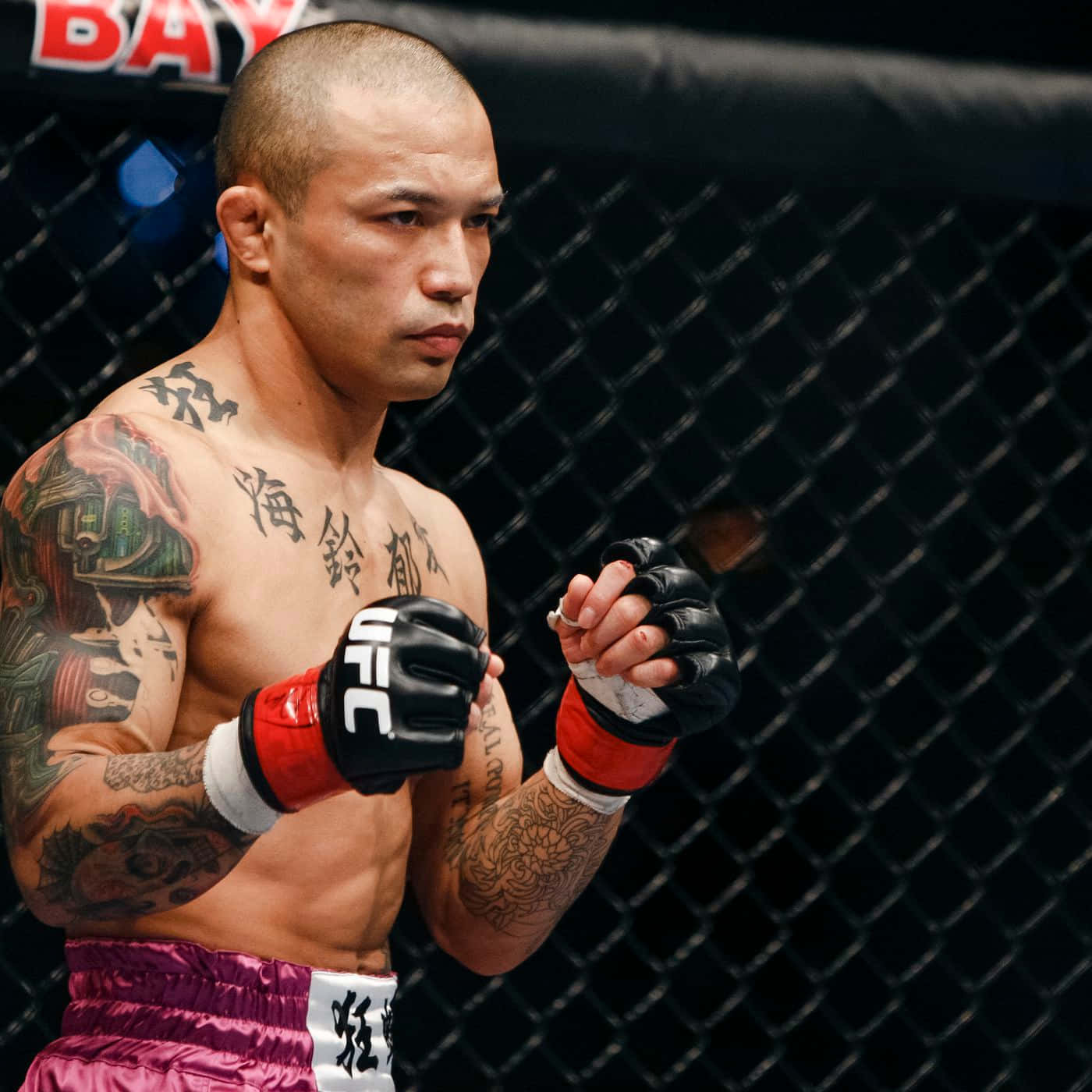 日本UFC選手山本信一郎2011年比賽照 壁紙 — 一位專注的混合武術家，帶有紋身和紅色手套，準備好站在UFC八角籠內。
