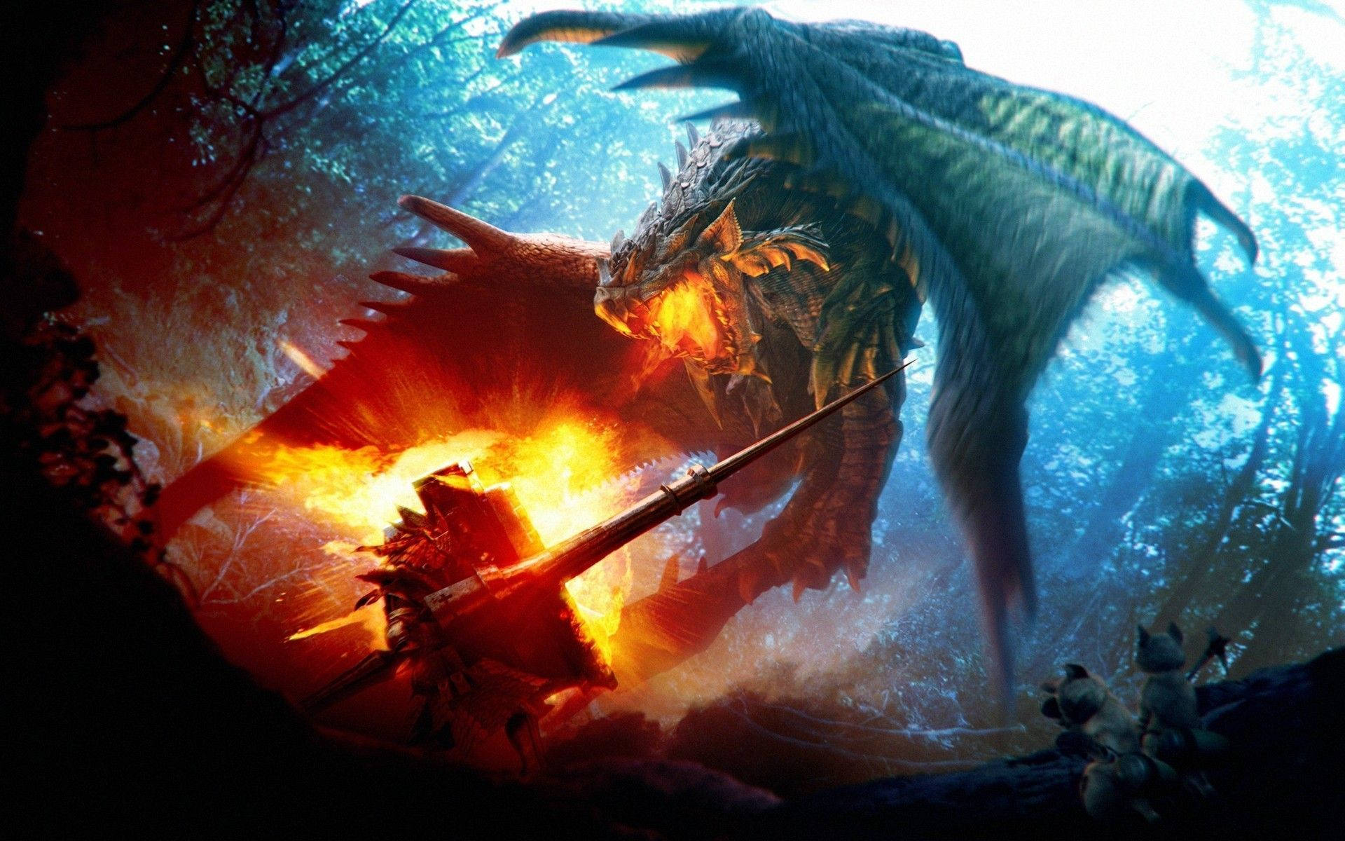 日本傳說火龍 PC 壁紙 — 一條巨龍在茂密的森林中向一名戰士噴出烈焰，投射出戲劇性的紅色和藍色光芒。