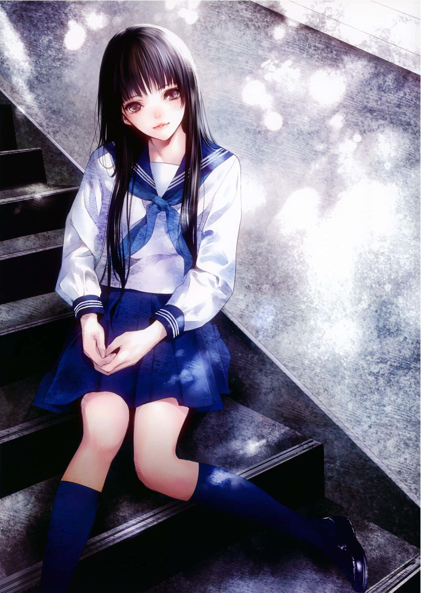 穿著水手服的動漫女孩坐在混凝土樓梯上，陽光斑駁。