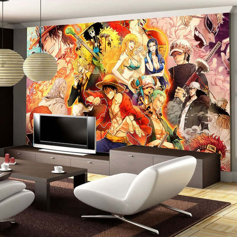 日本動畫《海賊王》 壁紙 — 充滿活力的動漫壁紙 featuring One Piece 角色，主導了一個現代客廳，配有白色椅子和電視。