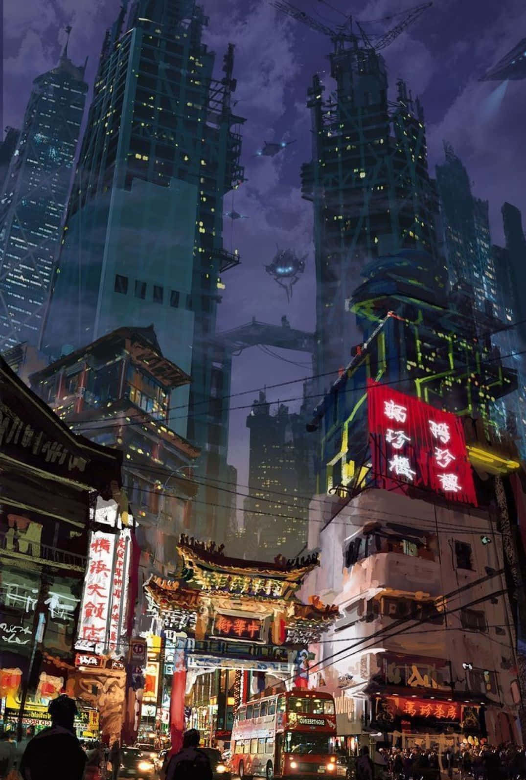 未來城市夜景，有霓虹招牌同飛行車輛。
