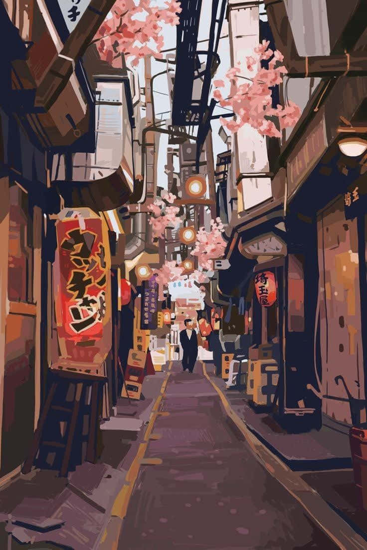 日本動畫古道 壁紙 — 一個孤獨的身影走在一條狹窄的日本小巷中，兩旁種滿櫻花和發光的燈籠。