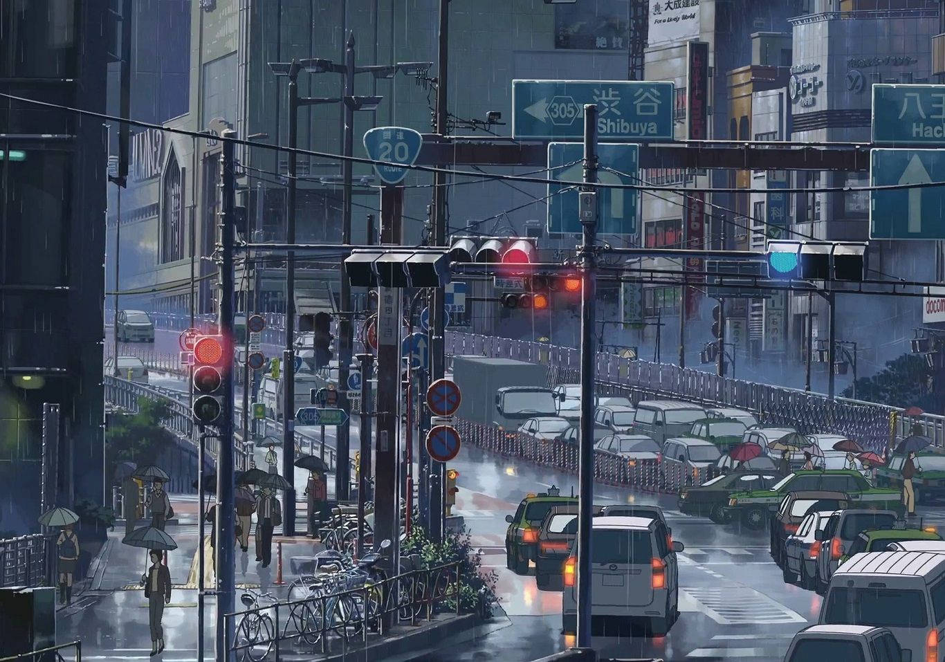 下雨的東京街道，發光的霓虹燈和撐傘的行人。