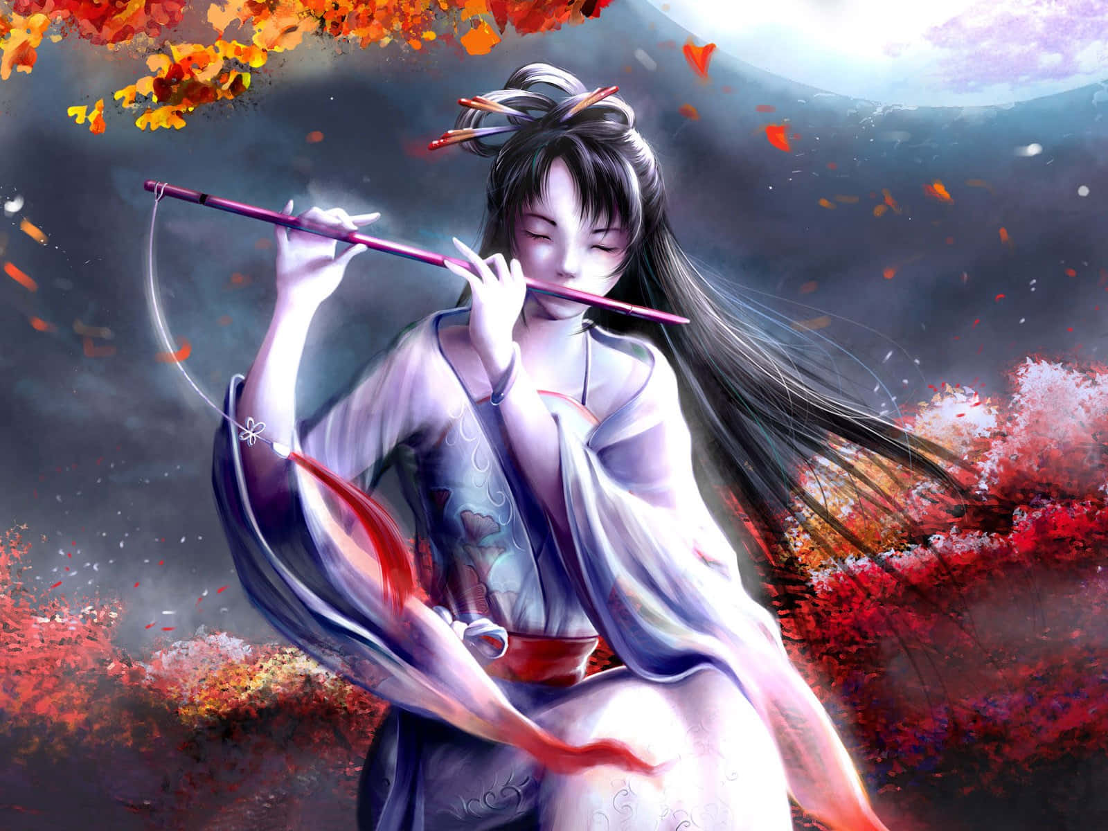 動漫女孩穿著傳統長袍，在月光下的天空中，在飄落的秋葉中吹奏長笛。