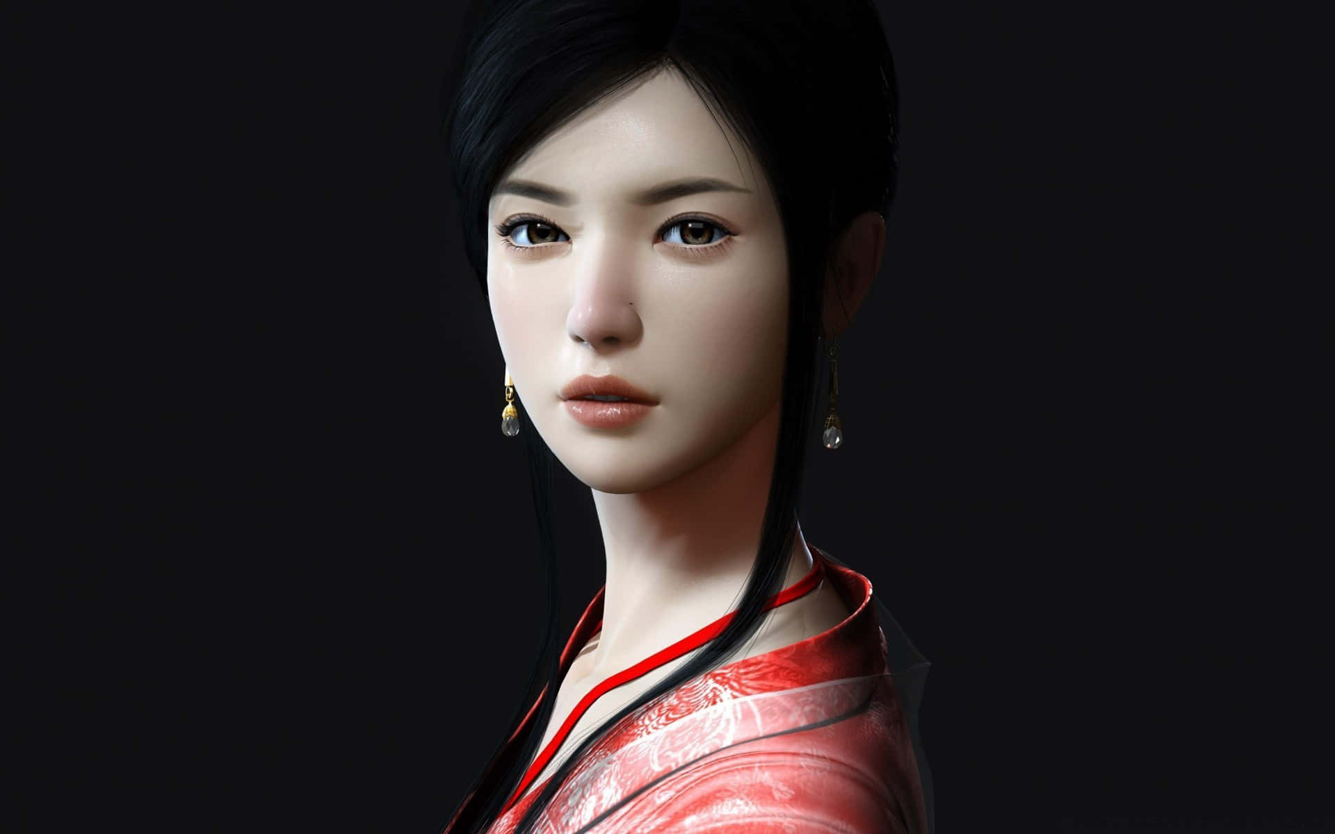 動漫女性穿著紅色傳統服裝，黑髮戴耳環，深色背景。