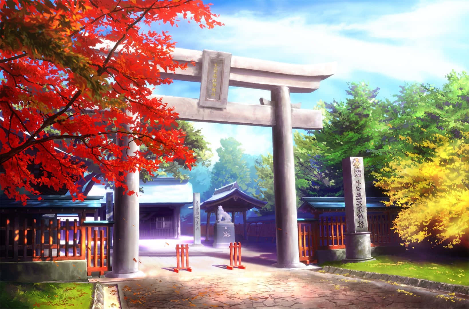 一座傳統的日本神社大門，在晴朗的天空下被秋葉環繞。