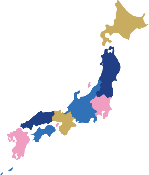 日本區域彩色地圖 壁紙 — 一幅風格化的日本地圖，區域以藍色、粉紅色和金色著色，背景為黑色。
