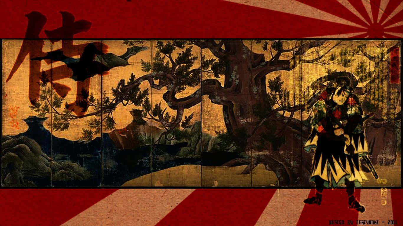 日本屏風畫中松樹下的武士戰士，背景為紅色太陽爆發。