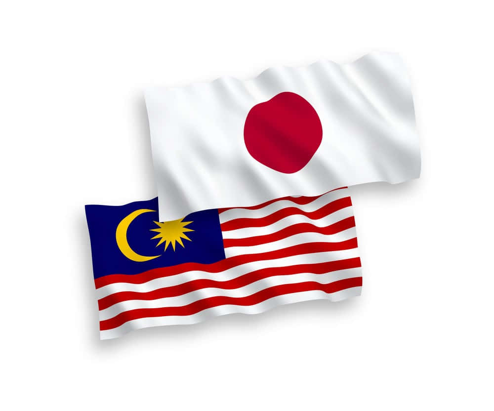 Malaysia 桌布 壁紙 — 日本和馬來西亞國旗在乾淨的白色背景上動態飄揚，帶有柔和陰影。