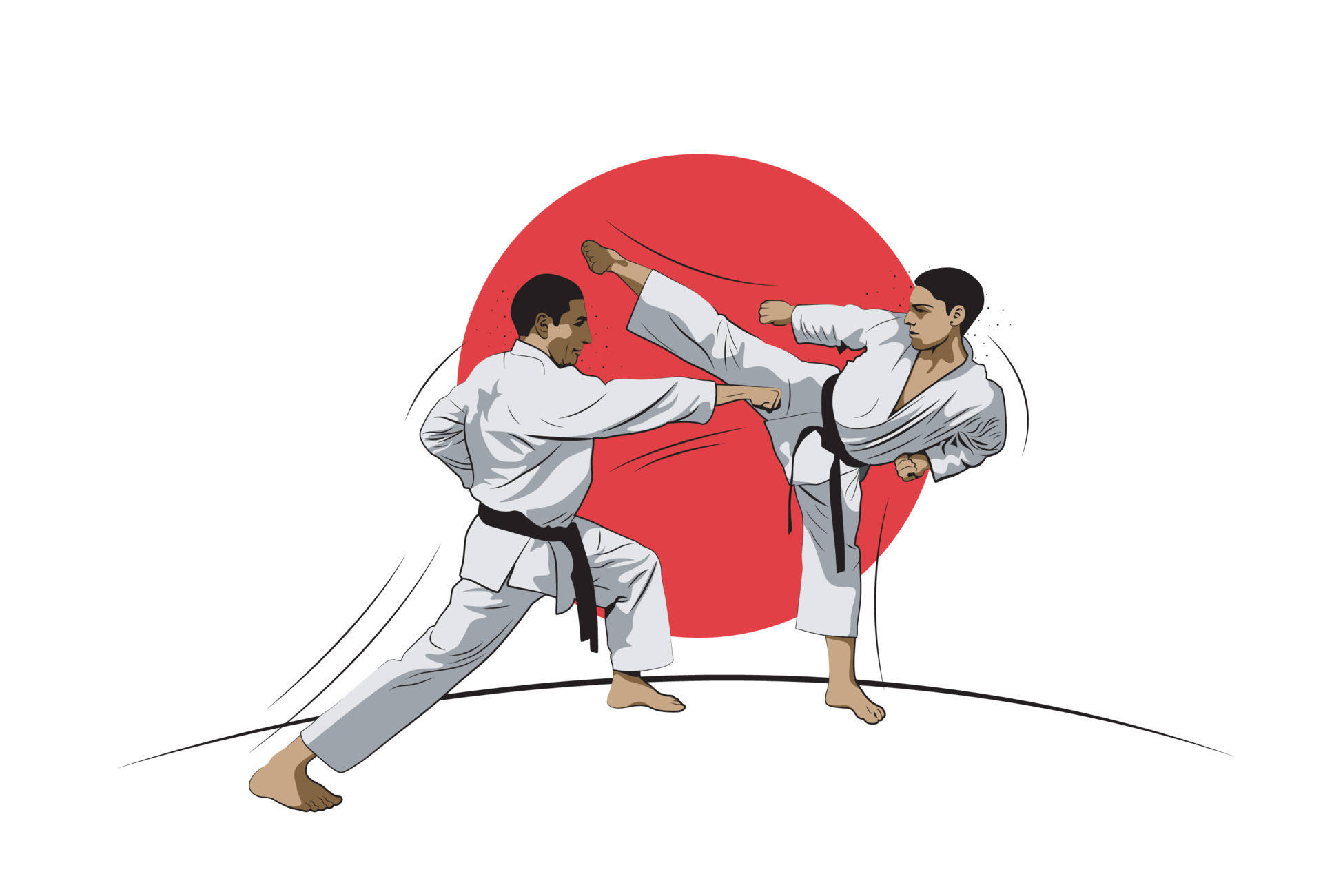 兩名身穿白色道服、腰繫黑帶的空手道選手在紅太陽前練習武術。