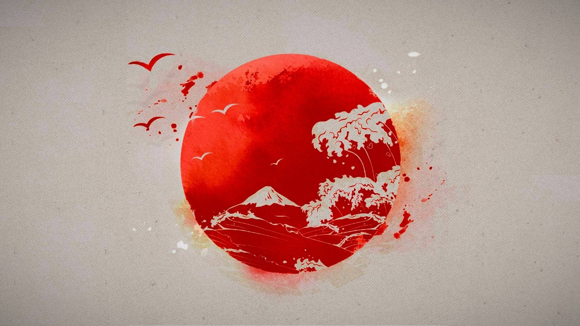 日本國旗唯美攝影 壁紙 — 一個大膽的紅色圓形潑濺，在紋理米色背景上框出富士山和翻滾海浪的白色剪影，還有飛鳥。