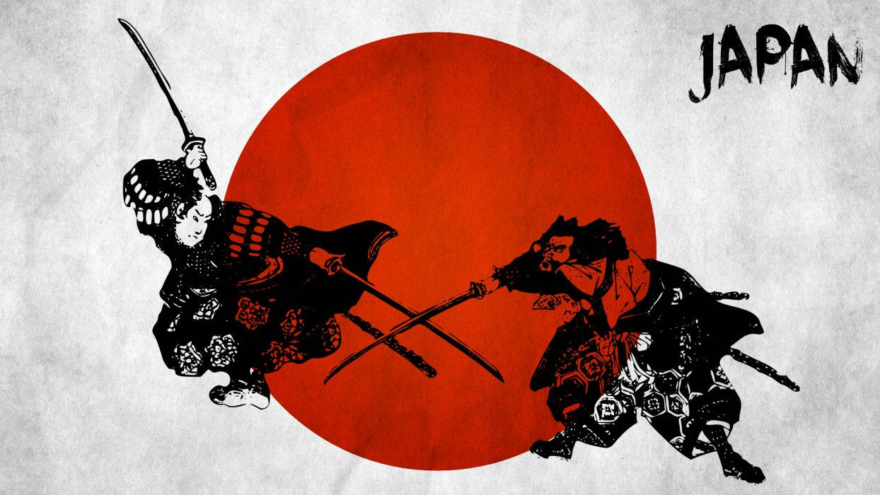 日本國旗與動畫武士 壁紙 — 兩位武士在帶有紋理的白色背景上揮劍相擊，背景有醒目的紅日和「JAPAN」文字。
