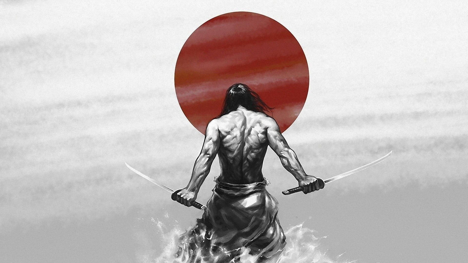 日本國旗與無衣武士 壁紙 — 一個肌肉發達的武士戰士背光站在巨大的紅太陽前，手持兩把劍，水花在他腳邊飛濺。