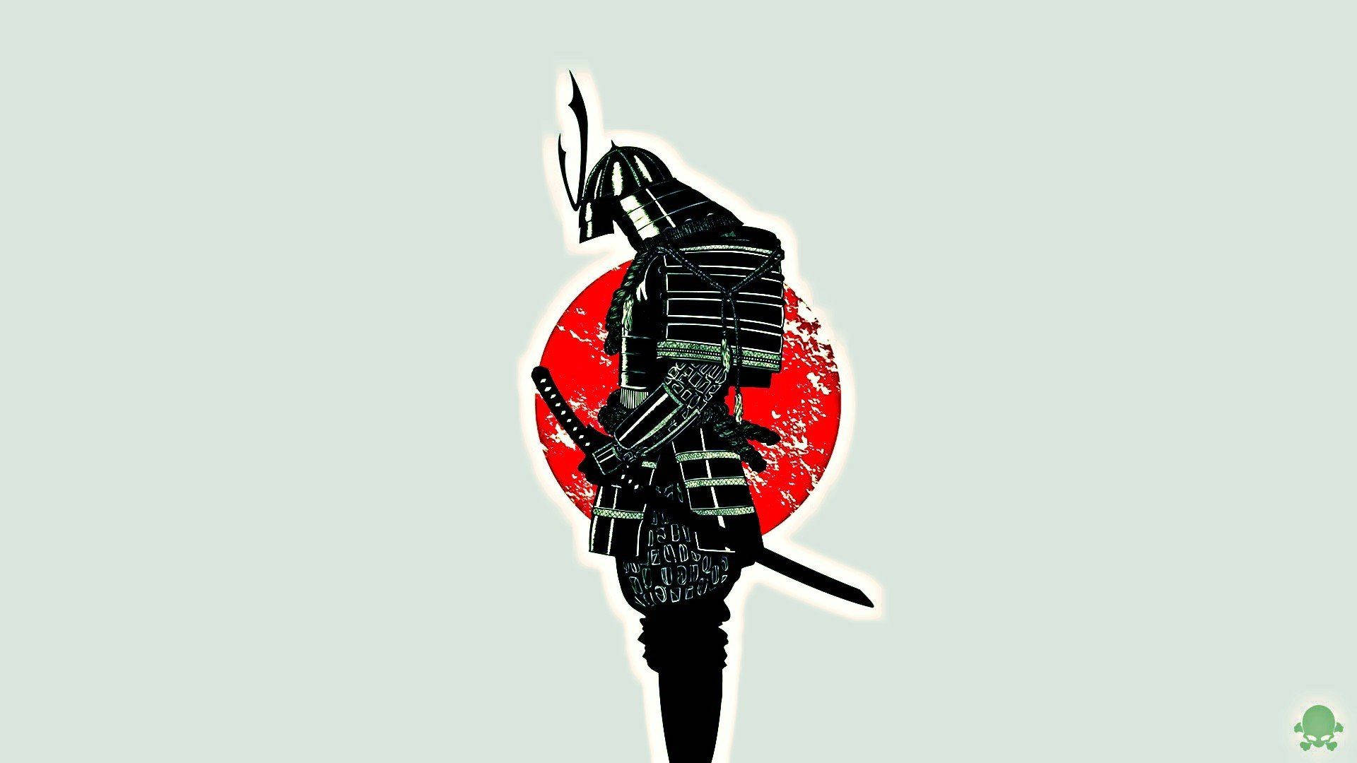 日本國旗與黑武士 壁紙 — 一個風格化的黑色武士戰士穿著全套盔甲，在淡綠色背景上以紋理紅太陽為襯托，呈現剪影。