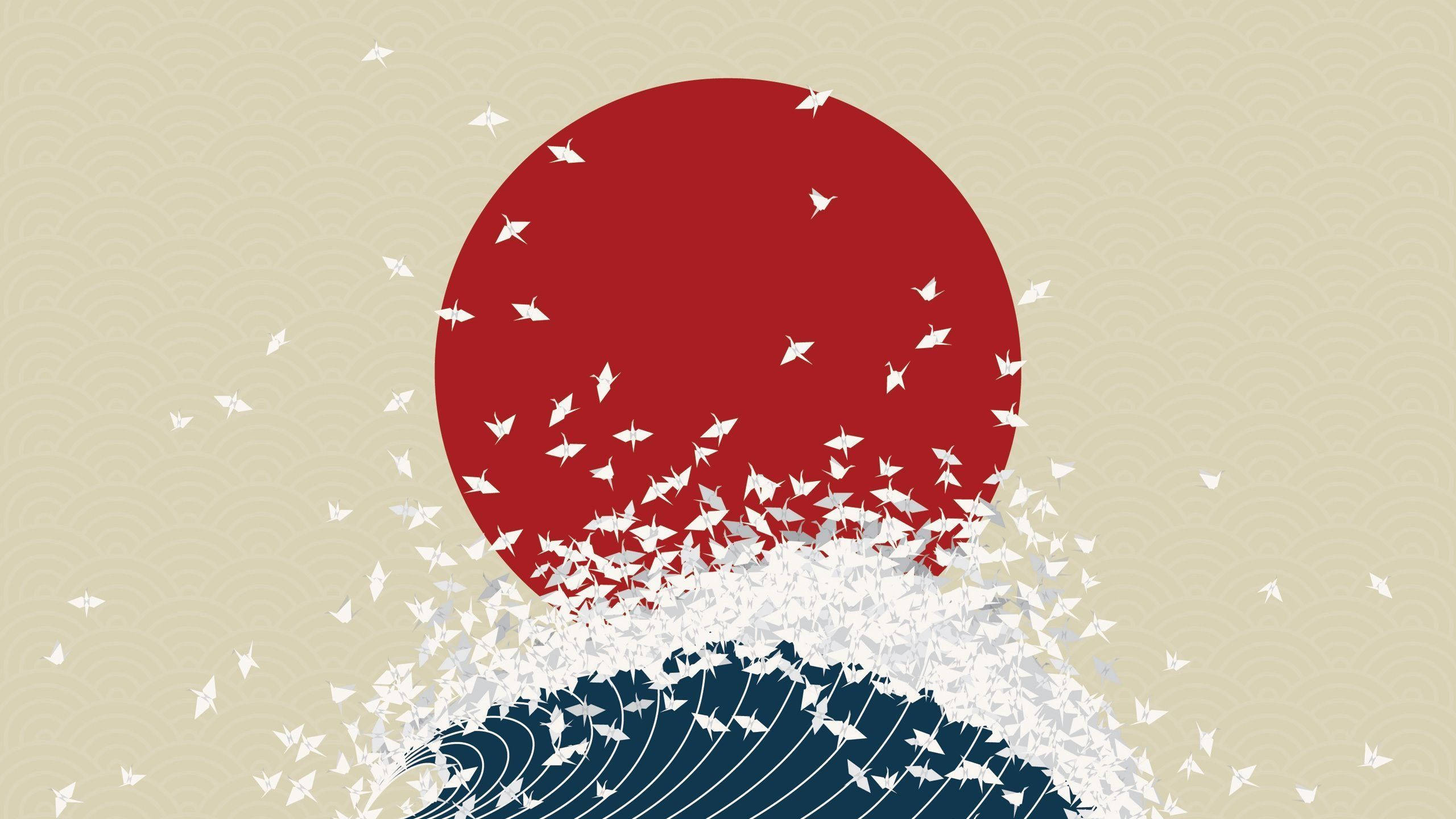 日本國旗配米色背景 壁紙 — 一個風格化的紅太陽在由白色紙鶴組成的藍色波浪後面升起，背景是米色紋理。