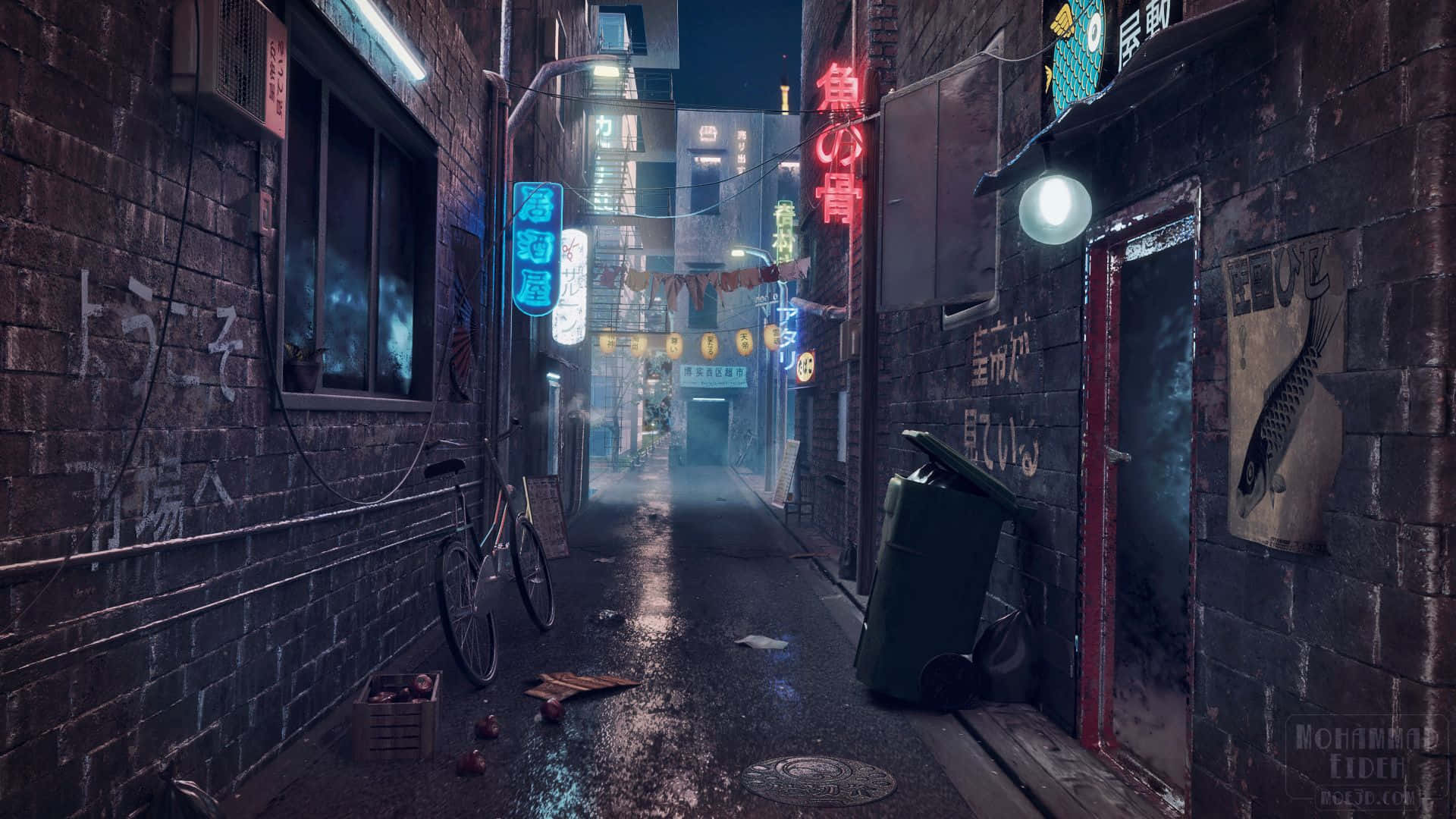 Alleyway 桌布 壁紙 — 日本城市夜晚一條被雨淋濕的霓虹燈小巷，閃爍的招牌和一輛孤獨的單車。
