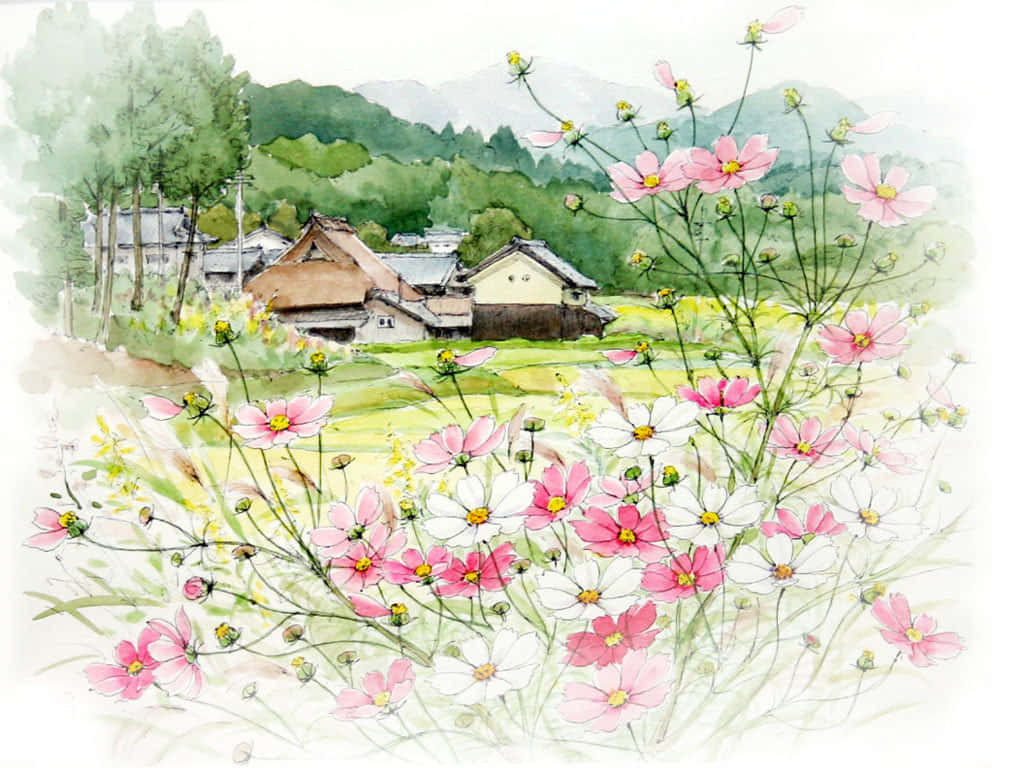 傳統日本房屋和綠色山脈前的粉紅色和白色波斯菊。