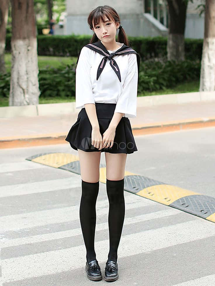 穿著水手服的年輕女子站在戶外斑馬線上。
