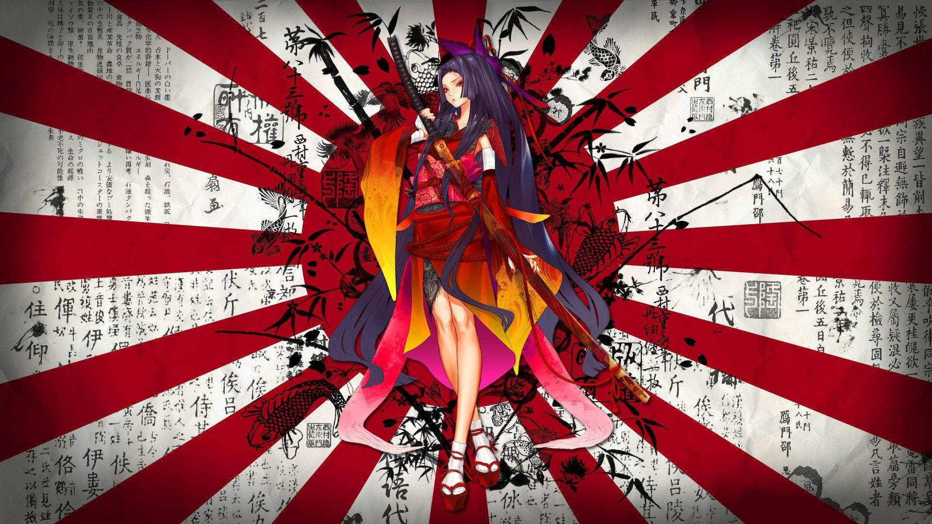日本女武士 壁紙 — 一位紫髮動漫戰士身穿紅金盔甲，手持武士刀，以紅白相間的太陽光背景為襯，背景飾有日本書法和竹子圖案。