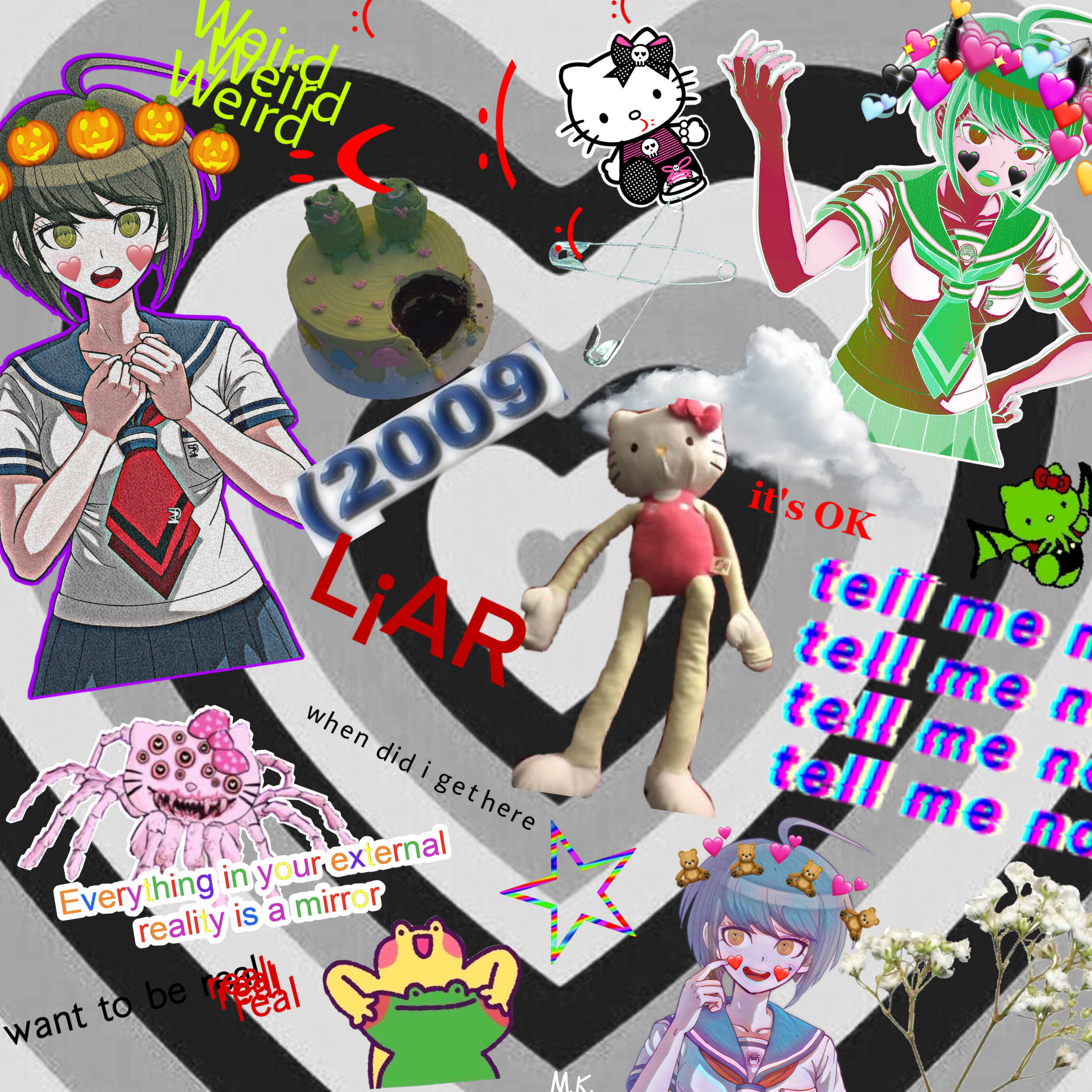 日本學生與Hello KittyPicsart 壁紙 — 一個黑白螺旋背景上，由動漫角色、Hello Kitty、文字和超現實元素組成的混亂數碼拼貼。