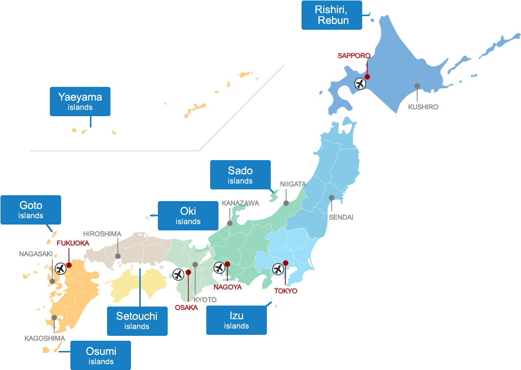 日本島群地圖 壁紙 — 一張風格化的日本地圖，突出主要島嶼和城市，帶有顏色編碼的區域和標記的機場。