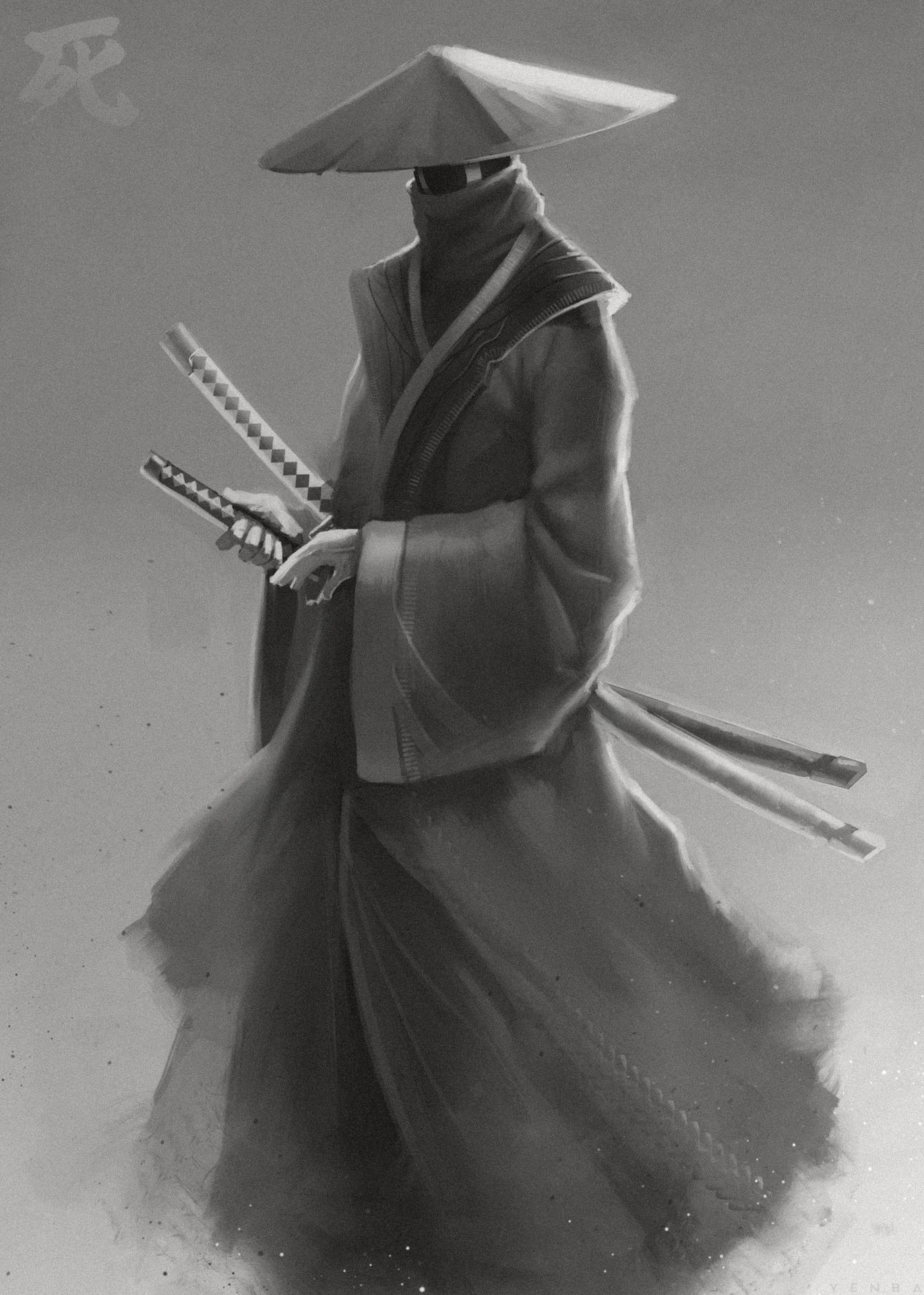 神秘的武士戰士穿著傳統服飾，在灰階中手持兩把劍。