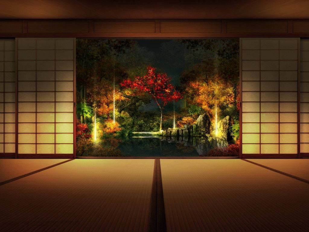 日式房間，舖有榻榻米和障子屏風，可欣賞夜晚閃耀的秋日花園。