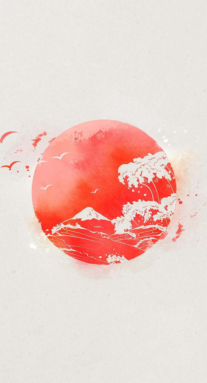 紅色太陽，帶有白色山脈和波浪插圖以及飛鳥