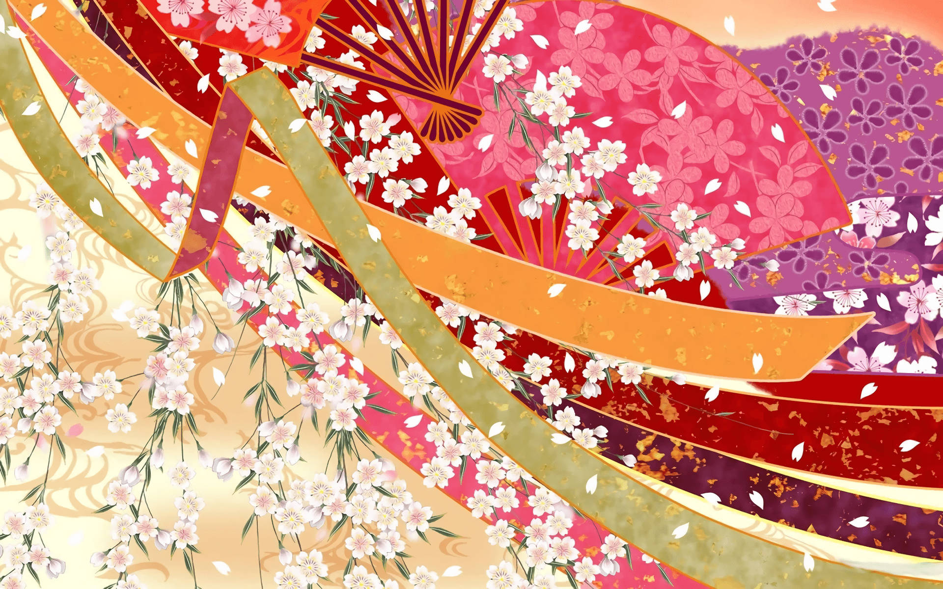 日本文化圖案 壁紙 — 充滿活力的日本扇子和櫻花在金色點綴和花卉圖案的動態多彩構圖中旋轉。