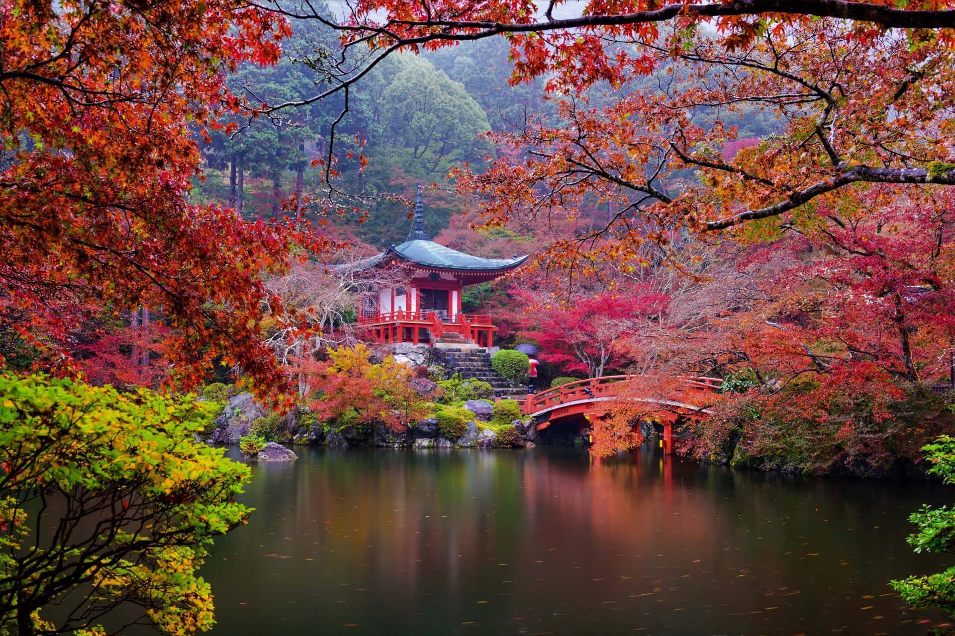 紅色日本亭閣和橋樑倒映在秋樹間的水中。