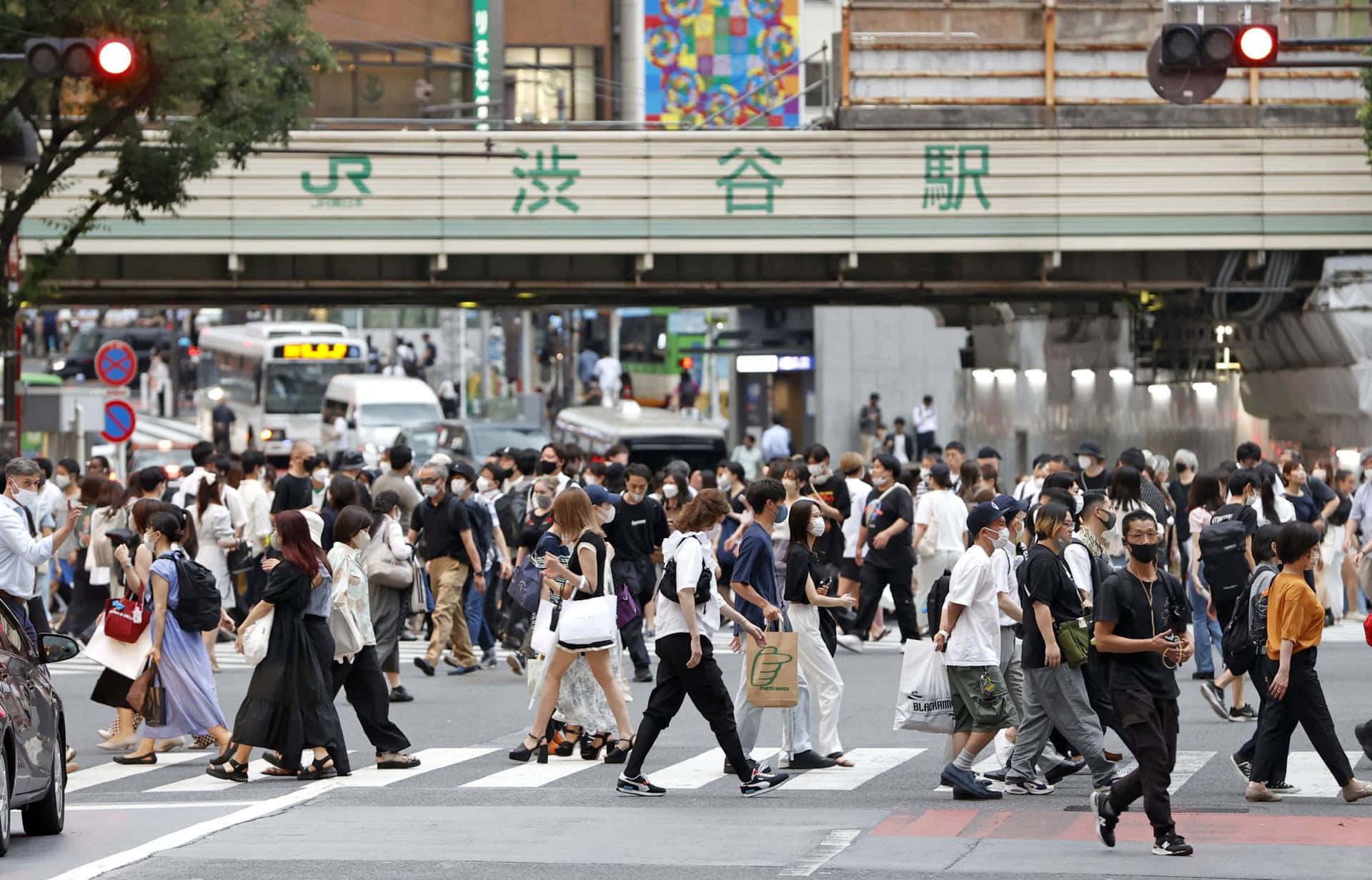 戴著口罩的行人在JR澀谷站天橋下穿過繁忙的東京街道。