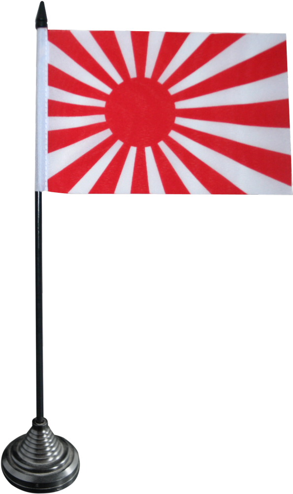 日本旭日旗立牌 壁紙 — 一面紅色太陽旗，帶有白色光芒，在黑色背景上，安裝在金屬支架上。