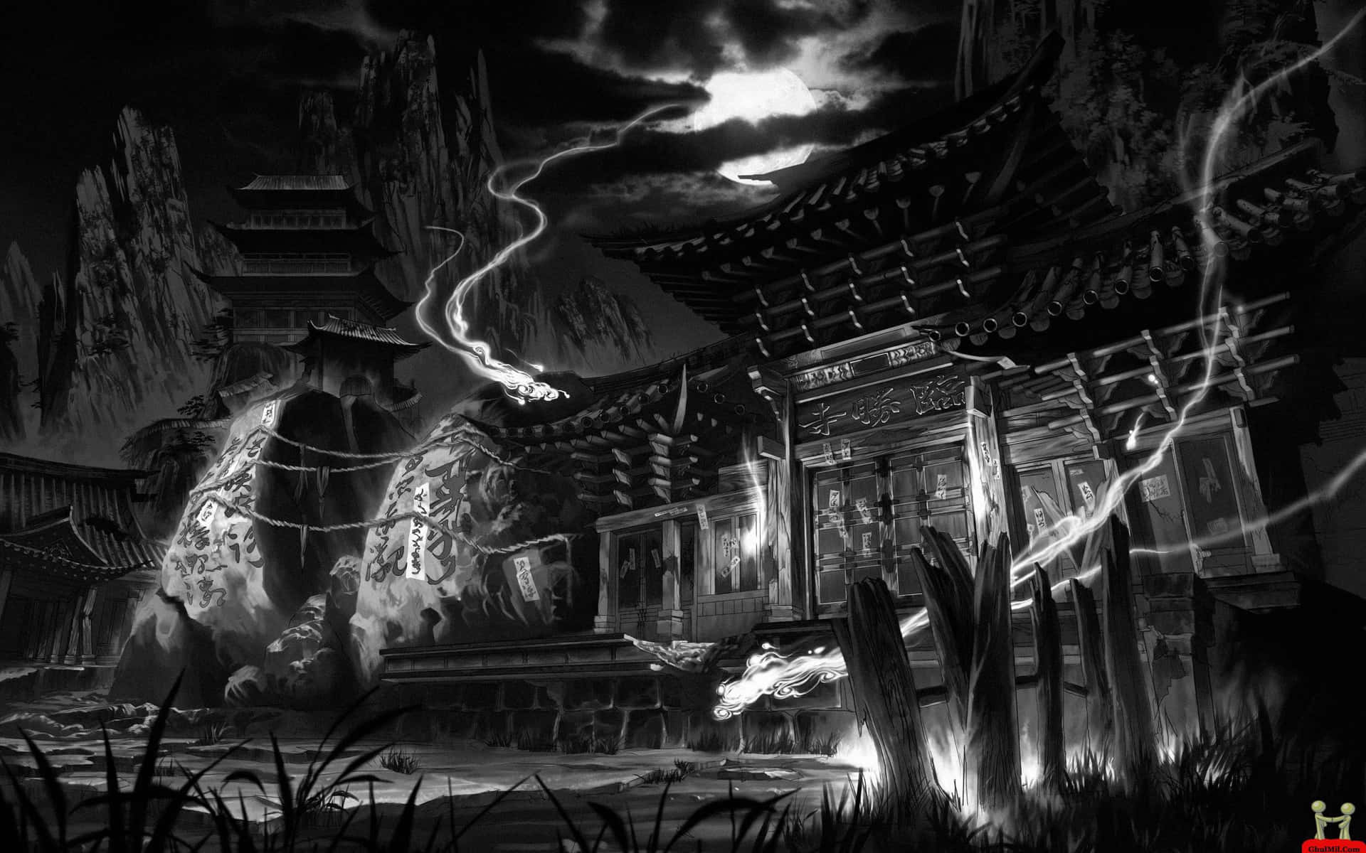 夜晚閃電環繞山脈的動漫神社