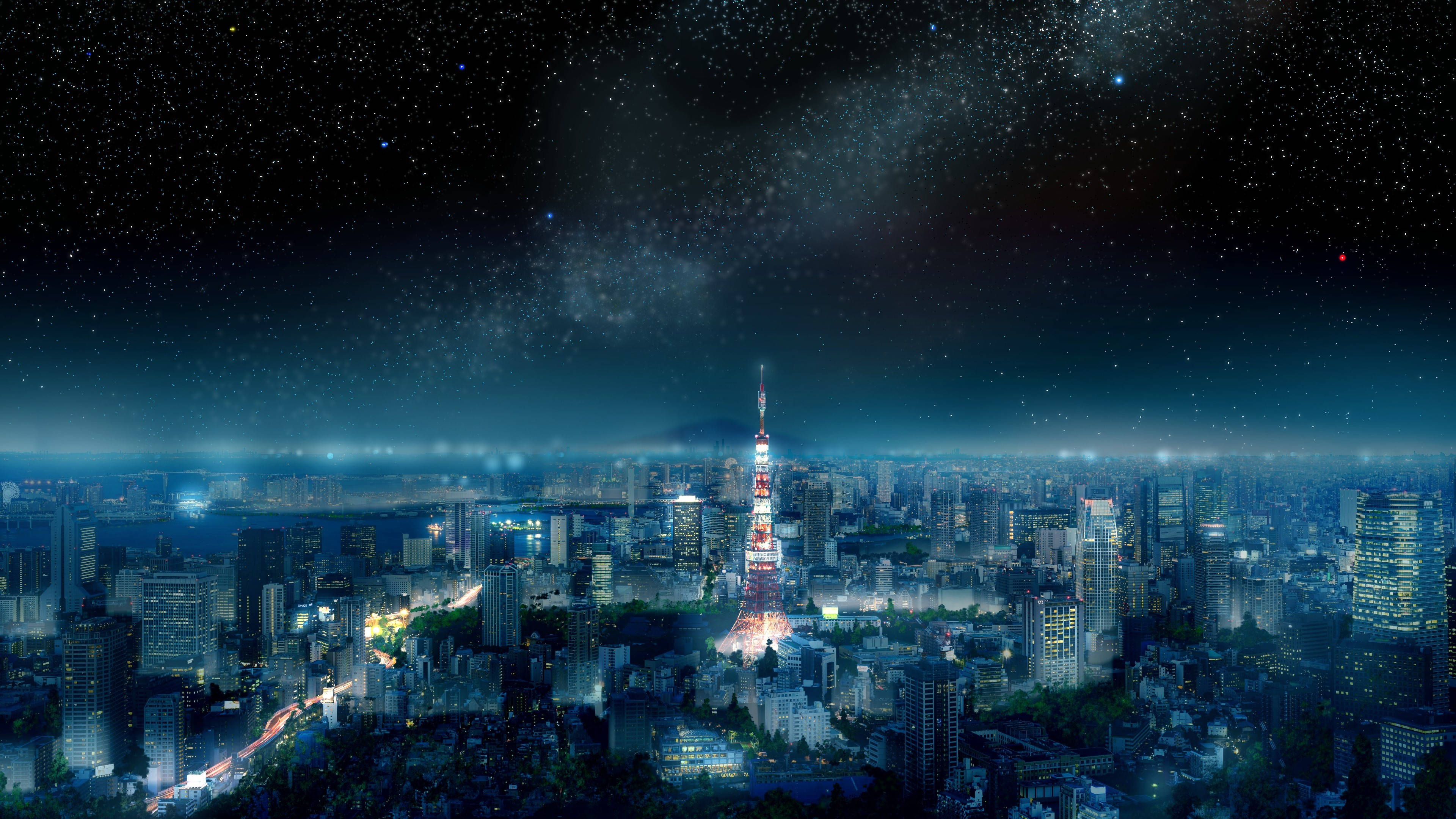 日本東京藍調城市風景 壁紙 — 夜晚東京天際線，發光的塔樓和星空，上方有銀河。